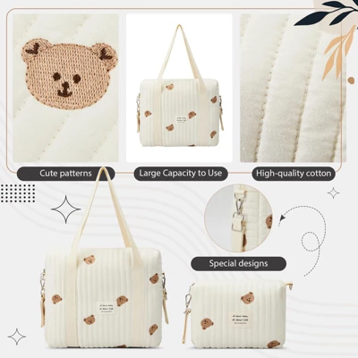 Itopfox 2-Piece Diaper Bag Set For Women, Quilted Cotton Maternity Tote With Cute Bear Design, Multifunctional And Lightweight 2 Itopfox 2-Piece Diaper Bag Set For Women, Quilted Cotton Maternity Tote With Cute Bear Design, Multifunctional And Lightweight - Image 2