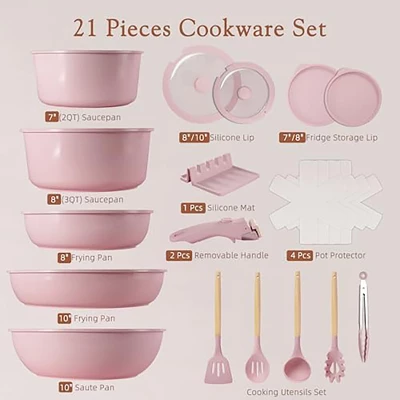 Itopfox 21-Piece Nonstick Pots And Pans Set With Removable Handles, Ceramic Cookware For RV Kitchen, Induction Compatible, Stackable Design, Pink 6 Itopfox 21-Piece Nonstick Pots And Pans Set With Removable Handles, Ceramic Cookware For RV Kitchen, Induction Compatible, Stackable Design, Pink - Image 6