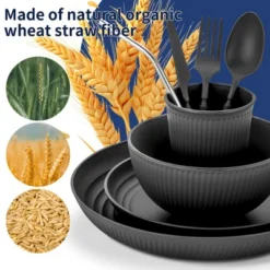 Itopfox 56-Piece Black Wheat Straw Dinnerware Set, Unbreakable Plates, Bowls, Cups & Utensils, Microwave & Dishwasher Safe, Reusable For Home, Office -Kid's Home GUEST 69cd5b16 f713 4e1d 91eb 358e14170597
