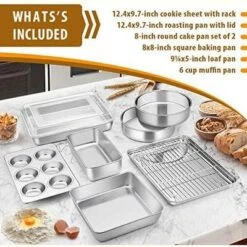 Itopfox Stainless Steel Bakeware Set, 9-Piece For Cake Cookie Loaf Muffin, Includes Round Square Rectangle Pans With Lid & Rack, Dishwasher Safe