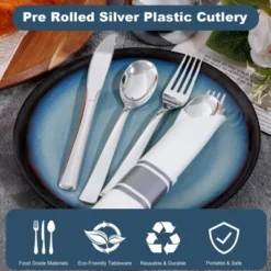 Itopfox 50 Guests Pre Rolled Silver Plastic Silverware Sets - Heavy Duty Cutlery With Napkins For Parties, Dinners & Weddings