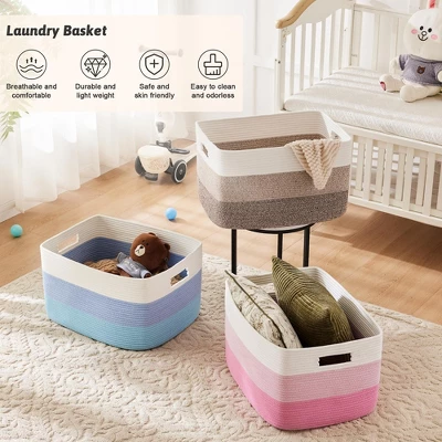 Itopfox Rectangle Woven Storage Basket For Laundry, Blankets, Toys, And Magazines - Natural Cotton Hamper For Nursery And Living Room Décor 5 Itopfox Rectangle Woven Storage Basket For Laundry, Blankets, Toys, And Magazines - Natural Cotton Hamper For Nursery And Living Room Décor - Image 5