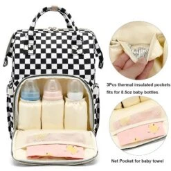 Itopfox Checkered Waterproof Diaper Backpack For Baby Girls And Moms, Large Nappy Bag With Insulated Bottle Pockets