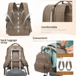Itopfox Vegan Leather Diaper Backpack With Waterproof Changing Pad, 20 Pockets, Fits 15.6" Laptop, Stroller Straps, Taupe