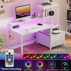Itopfox Computer Desk With Drawers & Monitor Stand, Home Office Desk With Storage Shelves, Gaming Desk With Power Outlets & LED Lights For Study -Kid's Home GUEST 7454143e 46d0 4c69 bf3f 56a9290f4b1a