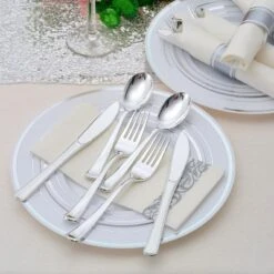 Itopfox 100 Pack Pre Rolled Silver Plastic Silverware Set With Napkins, Disposable Wrapped Heavy Duty Cutlery Set For Wedding Birthday Party