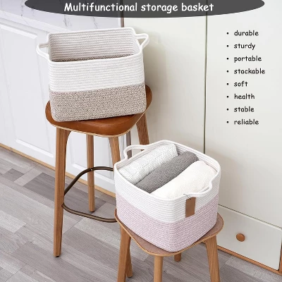 Itopfox Cotton Rope Woven Storage Basket With Handles For Organizing Toys, Books, And Clothes - Decorative Soft Basket For Living Room, Bathroom 4 Itopfox Cotton Rope Woven Storage Basket With Handles For Organizing Toys, Books, And Clothes - Decorative Soft Basket For Living Room, Bathroom - Image 4