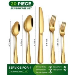Itopfox 20-Piece Gold Silverware Set For 4, Stainless Steel Flatware Cutlery Set With Knife, Fork, Spoon, Mirror Polished Finish, Dishwasher Safe