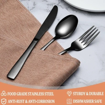 Itopfox 20-Piece Black Silverware Set For 4, Stainless Steel Flatware With Mirror Polish Square Cutlery Set For Kitchen, Fork, Spoon, Dishwasher Safe 2 Itopfox 20-Piece Black Silverware Set For 4, Stainless Steel Flatware With Mirror Polish Square Cutlery Set For Kitchen, Fork, Spoon, Dishwasher Safe - Image 2