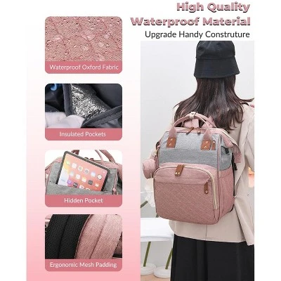 Itopfox Waterproof 3-in-1 Baby Diaper Backpack With Foldable Changing Pad, Large Capacity, USB Port, Pink-Grey 2 Itopfox Waterproof 3-in-1 Baby Diaper Backpack With Foldable Changing Pad, Large Capacity, USB Port, Pink-Grey - Image 2