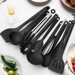 Itopfox Silicone Cooking Utensils Set - Heat Resistant, Nonstick Kitchen Tools With Spatulas, Spoons, Whisk, Tongs, Dishwasher Safe, Black -Kid's Home GUEST 7dc21498 1988 4eb3 9e9e 03a598a18d5d