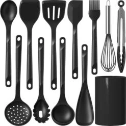 Itopfox Silicone Cooking Utensils Set - Heat Resistant, Nonstick Kitchen Tools With Spatulas, Spoons, Whisk, Tongs, Dishwasher Safe, Black -Kid's Home GUEST 80b34b7b a228 4003 b4da e3dde83f83f5