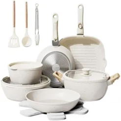 Itopfox 19-Piece Non-Stick Ceramic Cookware Set With Removable Handles, Induction Safe, Oven & Dishwasher Safe, PFAS/PTFE/PFOA Free, Cream White -Kid's Home GUEST 827d21be ca3d 4e35 853c 025daf85d453