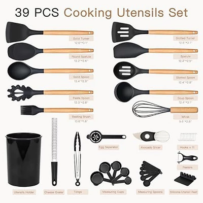 Itopfox 39-Piece Silicone Cooking Utensil Set With Wooden Handle, Heat Resistant Up To 446°F, BPA-Free Kitchen Gadgets For Nonstick Cookware (Black) 7 Itopfox 39-Piece Silicone Cooking Utensil Set With Wooden Handle, Heat Resistant Up To 446°F, BPA-Free Kitchen Gadgets For Nonstick Cookware (Black) - Image 7