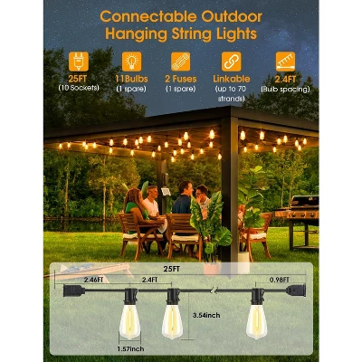 Itopfox 25FT Outdoor String Lights With 10+1 LED Dimmable Waterproof Shatterproof ST38 Retro Edison Bulbs For Balcony Yard, Black 3 Itopfox 25FT Outdoor String Lights With 10+1 LED Dimmable Waterproof Shatterproof ST38 Retro Edison Bulbs For Balcony Yard, Black - Image 3