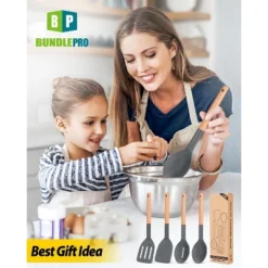 Itopfox Pack Of 4 Silicone Cooking Utensils Set With Wooden Handle, Non Stick Spatulas And Heat Resistant Slotted Spoons For Frying, Serving, Turning