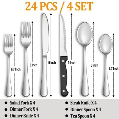 Itopfox 24-Piece Stainless Steel Silverware Set With Steak Knives, Mirror Polished Flatware For 4, Dishwasher Safe Cutlery Set For Home Kitchen 1 Itopfox 24-Piece Stainless Steel Silverware Set With Steak Knives, Mirror Polished Flatware For 4, Dishwasher Safe Cutlery Set For Home Kitchen