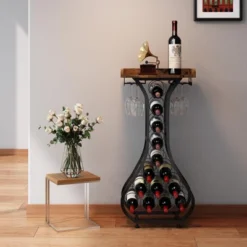 Itopfox Freestanding Wine Rack With Wood Tabletop & Glass Holder, Mini Bar Table For 14 Bottles, Space-Saving Floor Stand For Kitchen, Living Room
