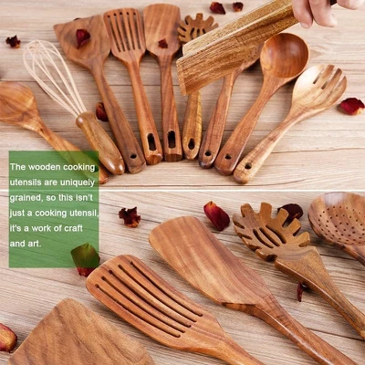 Itopfox 10-Piece Wooden Kitchen Utensil Set - Teak Wood Spoons, Spatulas, Ladle For Non-Stick Cookware, Cooking Tools With Hanging Holes 3 Itopfox 10-Piece Wooden Kitchen Utensil Set - Teak Wood Spoons, Spatulas, Ladle For Non-Stick Cookware, Cooking Tools With Hanging Holes - Image 3