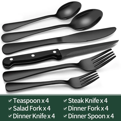 Itopfox 24-Piece Black Silverware Set With Steak Knives, Flatware Set For 4, Food-Grade Stainless Steel Tableware Cutlery Set Mirror Finished Utensil 1 Itopfox 24-Piece Black Silverware Set With Steak Knives, Flatware Set For 4, Food-Grade Stainless Steel Tableware Cutlery Set Mirror Finished Utensil