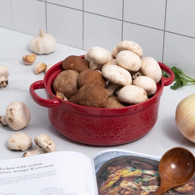 Itopfox Lace Emboss Casserole Dish With Lid, 2 Quart Ceramic Round Serving Dish For Oven To Table, Dinner And Party, Christmas Gifts In Classic Red 3 Itopfox Lace Emboss Casserole Dish With Lid, 2 Quart Ceramic Round Serving Dish For Oven To Table, Dinner And Party, Christmas Gifts In Classic Red - Image 3