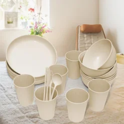 Itopfox Wheat Straw Dinnerware Sets - 42 Piece Unbreakable Plates, Bowls, Cups & Utensils For 6, Lightweight & Durable, Dishwasher & Microwave Safe -Kid's Home GUEST 8c36e6a5 13a8 47a5 8413 9dcf4355611f
