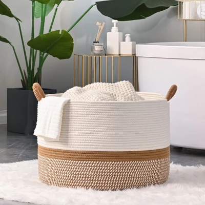 Itopfox Large Woven Storage Basket For Blankets, Laundry, Nursery, And Toys, Soft Cotton Rope Hamper For Living Room, Baby Toy Chest In White/Brown 7 Itopfox Large Woven Storage Basket For Blankets, Laundry, Nursery, And Toys, Soft Cotton Rope Hamper For Living Room, Baby Toy Chest In White/Brown - Image 7