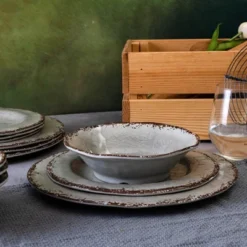 Itopfox Farmhouse Melamine Dinnerware Set, 12-Piece Rustic Plates And Bowls For Picnic, Camping, Indoor And Outdoor Use, Dishwasher Safe