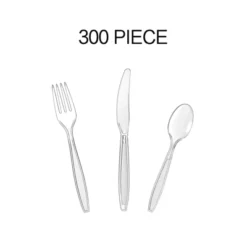 Itopfox Cutlery Set - Clear Heavyweight Disposable Plastic Utensils, Forks, Spoons, Knives, 300 Count Combo Box For Parties, Weddings, BBQs