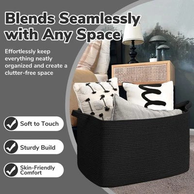 Itopfox Large Woven Storage Basket For Blankets, Toys, And Clothes, Rectangle Rope Laundry Hamper For Nursery, Bedroom, Black 4 Itopfox Large Woven Storage Basket For Blankets, Toys, And Clothes, Rectangle Rope Laundry Hamper For Nursery, Bedroom, Black - Image 4