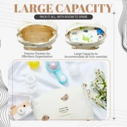 Itopfox 2-Piece Diaper Bag Set For Women, Quilted Cotton Maternity Tote With Cute Bear Design, Multifunctional And Lightweight