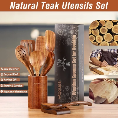Itopfox 9-Piece Teak Wooden Kitchen Utensil Set With Spoon Rest, Comfort Grip Cooking Spoons & Utensil Holder For Easy Storage 6 Itopfox 9-Piece Teak Wooden Kitchen Utensil Set With Spoon Rest, Comfort Grip Cooking Spoons & Utensil Holder For Easy Storage - Image 6
