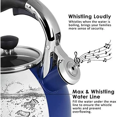Itopfox Stainless Steel Whistling Tea Kettle With Heat-Resistant Glass Lid & Capsule Bottom, Navy Blue, 2.6 Quart Capacity 1 Itopfox Stainless Steel Whistling Tea Kettle With Heat-Resistant Glass Lid & Capsule Bottom, Navy Blue, 2.6 Quart Capacity