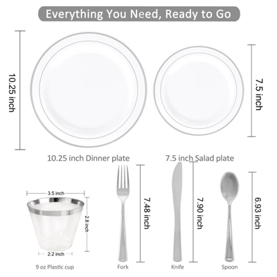 Itopfox Elegant Silver Plastic Dinnerware Set - Disposable Plates, Dessert Plates, Silver Rim Cups & Cutlery For Weddings, Parties - 50 Guest Service 2 Itopfox Elegant Silver Plastic Dinnerware Set - Disposable Plates, Dessert Plates, Silver Rim Cups & Cutlery For Weddings, Parties - 50 Guest Service - Image 2