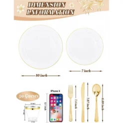 Itopfox 300PCS White And Gold Plastic Dinnerware Set For 50 Guests Includes Dinner Plates, Cake Plates, Cutlery, Cups For Wedding, Birthday