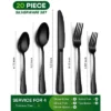 Itopfox 20-Piece Black Stainless Steel Flatware Set For 4, Includes Knives, Forks, Spoons, Mirror Polished, Dishwasher Safe, Food Grade Cutlery Set