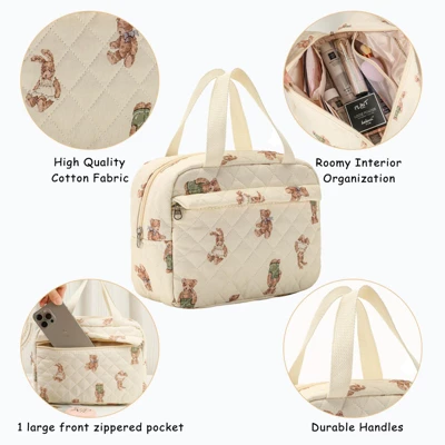 Itopfox Large Quilted Floral Makeup Bag, Cotton Travel Cosmetic Organizer With Top Handle, Multi-Layer Toiletry Pouch For Women And Girls 2 Itopfox Large Quilted Floral Makeup Bag, Cotton Travel Cosmetic Organizer With Top Handle, Multi-Layer Toiletry Pouch For Women And Girls - Image 2