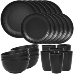 Itopfox 24-Piece Dinnerware Set For 6, Unbreakable Wheat Straw Plates & Bowls, Dishwasher & Microwave Safe, RV, Beach House & Daily Use, Black -Kid's Home GUEST a392fff7 9e8f 4f36 bdf1 268dcca051d8