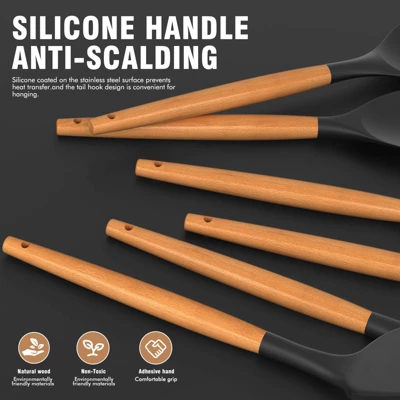 Itopfox Silicone Cooking Utensils Set With Wooden Handles, Heat Resistant Kitchen Tools For Non-Stick Cookware Includes Spatulas, Ladle, Whisk, Tongs 2 Itopfox Silicone Cooking Utensils Set With Wooden Handles, Heat Resistant Kitchen Tools For Non-Stick Cookware Includes Spatulas, Ladle, Whisk, Tongs - Image 2