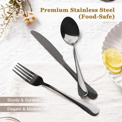Itopfox 24-Piece Black Silverware Set With Steak Knives, Food-Grade Stainless Steel Flatware Set For 4, Mirror Polished Cutlery Set With Spoons 2 Itopfox 24-Piece Black Silverware Set With Steak Knives, Food-Grade Stainless Steel Flatware Set For 4, Mirror Polished Cutlery Set With Spoons - Image 2
