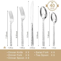 Itopfox 40-Piece Hammered Silverware Set, 18/10 Stainless Steel Flatware For 8, Cutlery Set For Home, Party, Wedding, Mirror Polished Dishwasher Safe