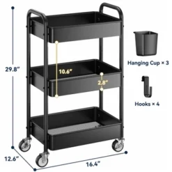 Itopfox 3-Tier Metal Rolling Cart With Wheels, Hanging Cups & Hooks, Heavy Duty Mesh Storage Organizer For Kitchen, Office, Craft -Kid's Home GUEST a623fbf1 2721 43a8 a32c 5ba2d7c08989