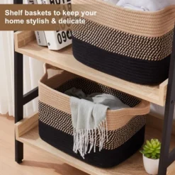 Itopfox Woven Storage Basket Set Of 3, Decorative Organizer Bins For Shelves, Closet, Toys, Books, Nursery - Black & Brown -Kid's Home GUEST a7743f46 1736 4eef 8619 c61a53db8d30