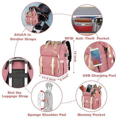 Itopfox Pink Diaper Backpack For Women With Insulated Pockets, USB Charging Port, RFID Anti-Theft Pocket, Stroller Straps, And Waterproof Fabric 2 Itopfox Pink Diaper Backpack For Women With Insulated Pockets, USB Charging Port, RFID Anti-Theft Pocket, Stroller Straps, And Waterproof Fabric - Image 2