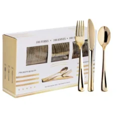 Itopfox 300PCS Gold Plastic Silverware Set, Heavy Duty Disposable Flatware Dinnerware, 100 Forks, 100 Spoons 100 Knives For Party, Wedding, Daily Use -Kid's Home GUEST ac35ec5a 8ebf 4a5b 8272 bcc2af65f6b5