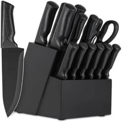 Itopfox 15-Piece Kitchen Knife Set With Block, Self-Sharpening, Dishwasher Safe, Includes 6 Steak Knives, Anti-Slip Handle, Black -Kid's Home GUEST acfdfa65 e66b 4bdb a02f 2c7fdc4984fa