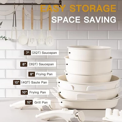 Itopfox 23-Piece Nonstick Cookware Set With Detachable Handles, Oven Safe & Induction Ready, Stackable Ceramic Pots And Pans, Cream White 5 Itopfox 23-Piece Nonstick Cookware Set With Detachable Handles, Oven Safe & Induction Ready, Stackable Ceramic Pots And Pans, Cream White - Image 5