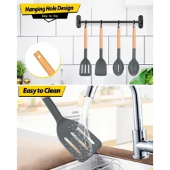 Itopfox Pack Of 4 Silicone Cooking Utensils Set With Wooden Handle, Non Stick Spatulas And Heat Resistant Slotted Spoons For Frying, Serving, Turning -Kid's Home GUEST b2959ee7 3836 4eb6 972d 68b03dde9ddc