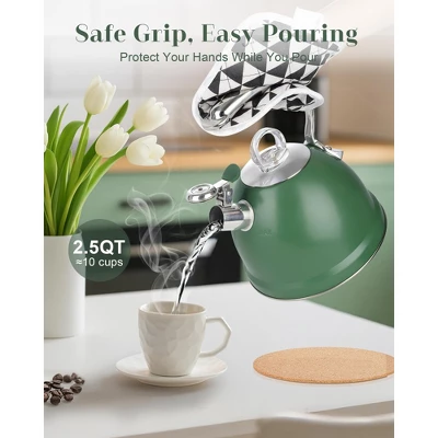 Itopfox Harriet Tea Kettle Stovetop, 2.5 Quart Whistling Stainless Steel Tea Pot With 3-Layer Base Unique Ergonomic Handle, Includes Pot Holder & Mat 5 Itopfox Harriet Tea Kettle Stovetop, 2.5 Quart Whistling Stainless Steel Tea Pot With 3-Layer Base Unique Ergonomic Handle, Includes Pot Holder & Mat - Image 5