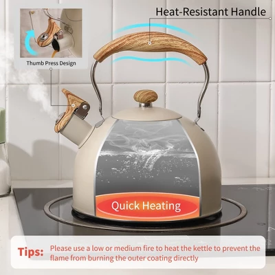 Itopfox Stovetop Tea Kettle With Whistling Feature, 2.5 Quart Capacity, Food-Grade Stainless Steel Construction, Wooden Handle, Creamy White Finish 2 Itopfox Stovetop Tea Kettle With Whistling Feature, 2.5 Quart Capacity, Food-Grade Stainless Steel Construction, Wooden Handle, Creamy White Finish - Image 2